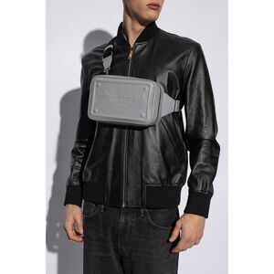 DOLCE & GABBANA Mens Leather Belt Bag Gray Raised Logo Crossbody Shoulder Pack